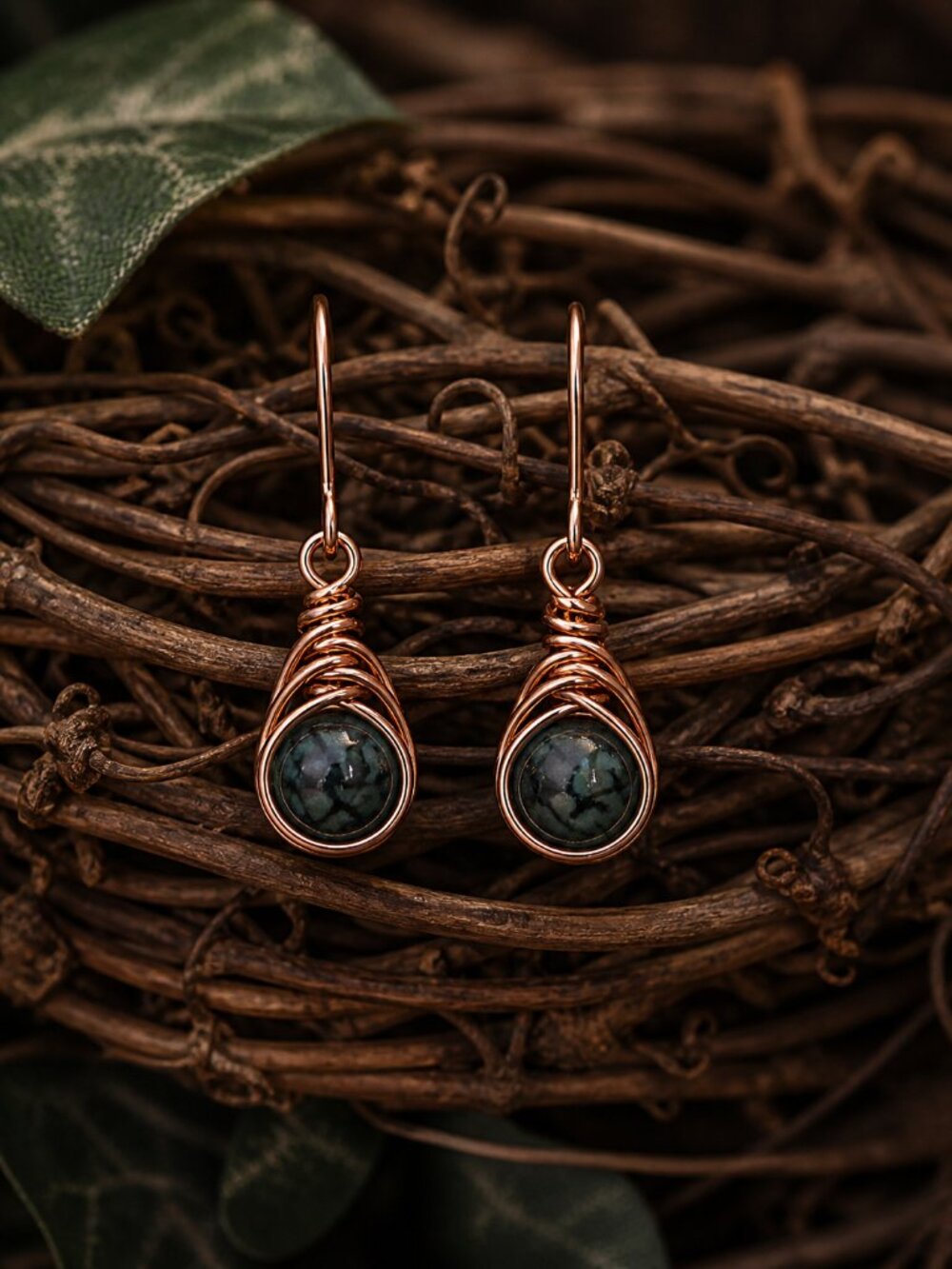 2 for $12 -Gorgeous copper herringbone wire wrap earrings with green stone